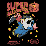 Super Halloween Bros - Retro and Pixel Video Game T-shirts -  Tank, Long Sleeved, Fit, Nintendo, NES, Super Mario, Mario 3, Box Art, SMW, Super Mario World, Bowser, Gamer, Mario Bros, Mash Up, Michael Myers, Halloween, Horror, Slasher, Movie, Film, Pumpkin, Candy, Mask, Men, Women, Kids, Tees, Clothes